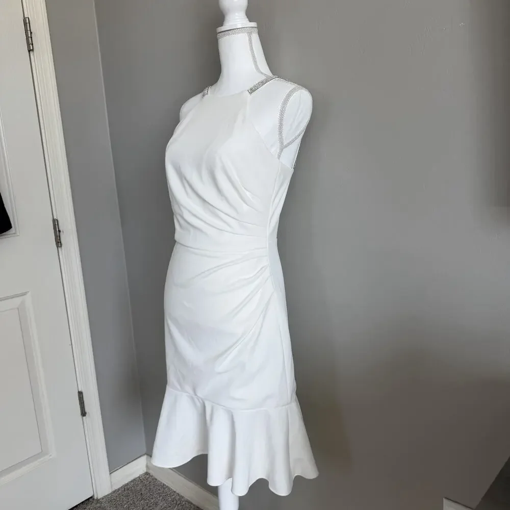 Betsy & Adam Woman’s Sz 6 White Mermaid Dress Silver Beaded Straps Cinched Waist